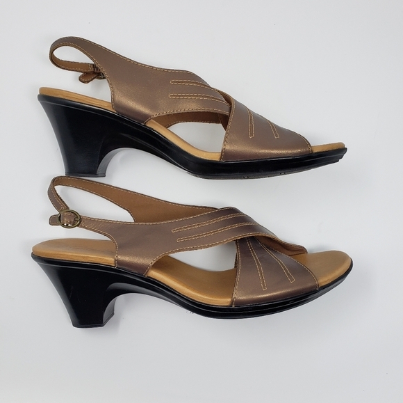 Clarks Heeled Sling-back Cross Over Sandals Copper Tan Size 8.5 - Picture 1 of 9